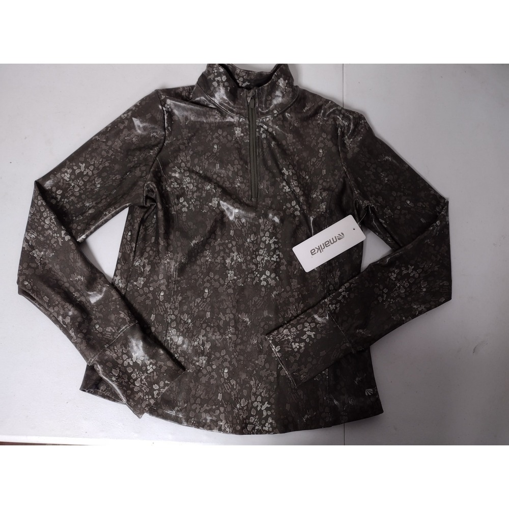 Marika Womens Metallic Foil Animal Print Quarter Zip Pullover Thumbholes Brown L